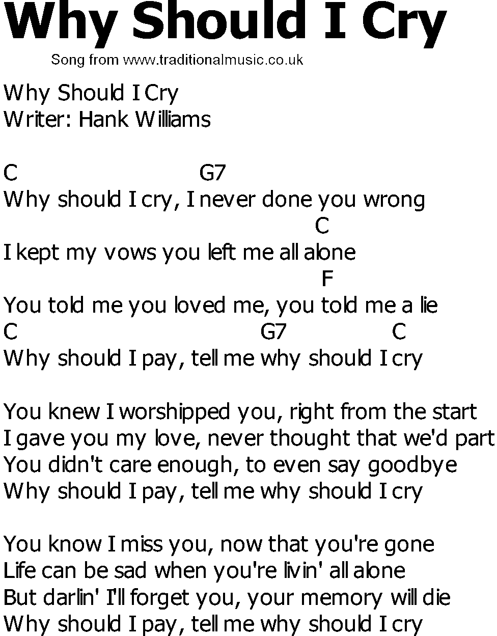 Old Country song lyrics with chords - Why Should I Cry