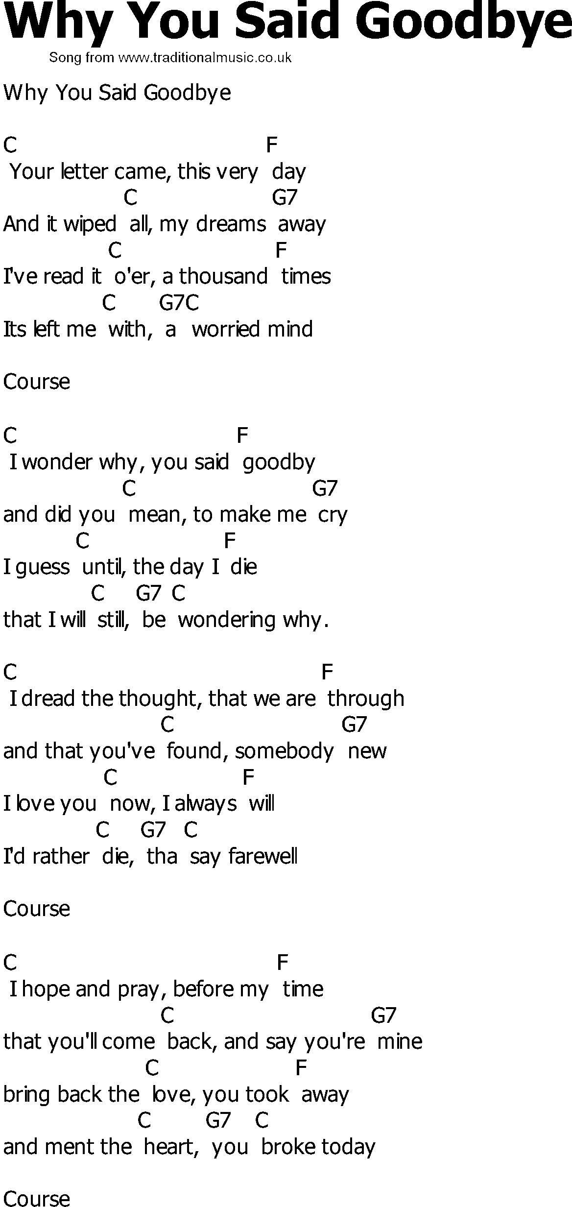 Old Country song lyrics with chords - Why You Said Goodbye
