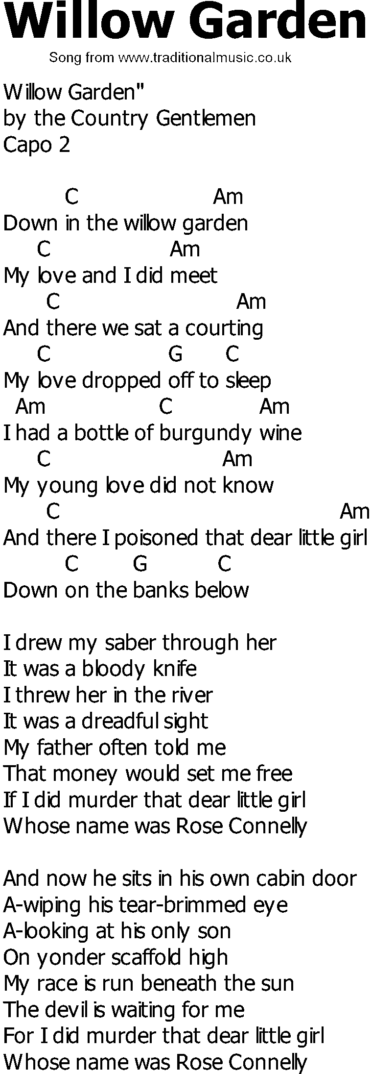 Old Country song lyrics with chords - Willow Garden