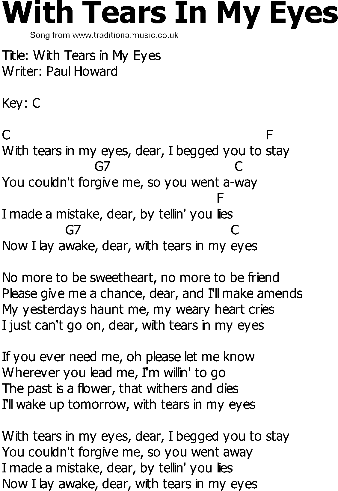 Old Country song lyrics with chords - With Tears In My Eyes