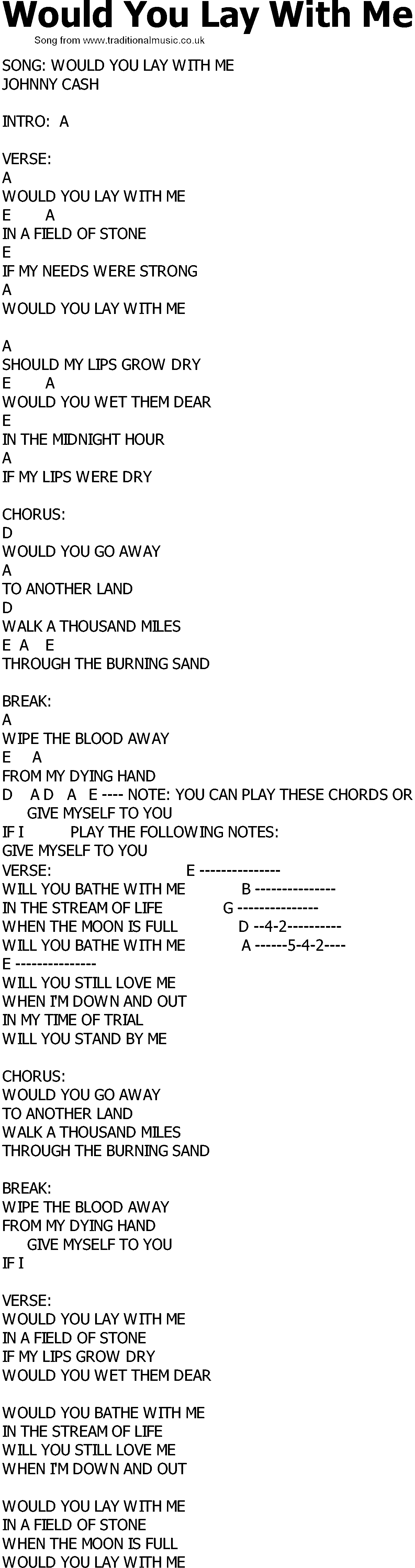 Old Country song lyrics with chords - Would You Lay With Me