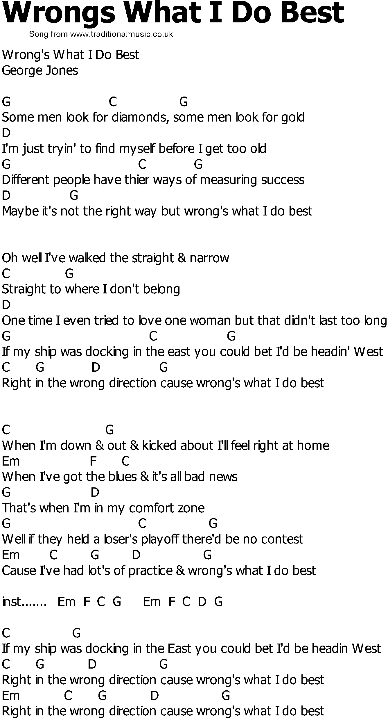 Old Country song lyrics with chords - Wrongs What I Do Best