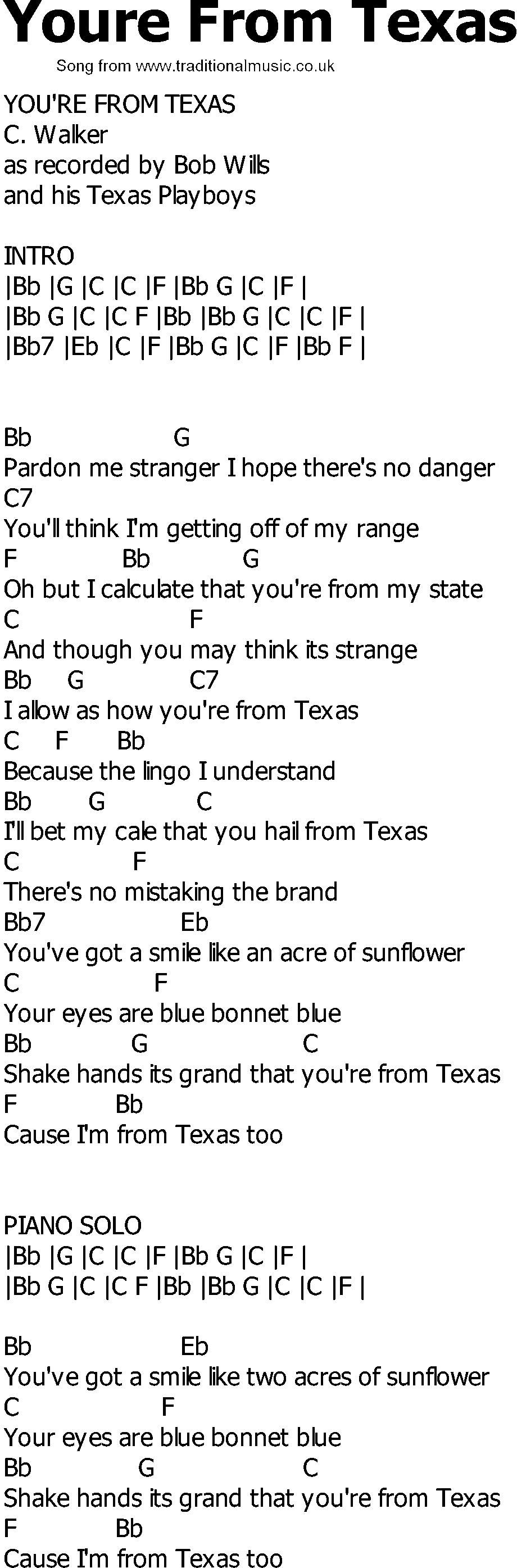 Old Country song lyrics with chords - Youre From Texas