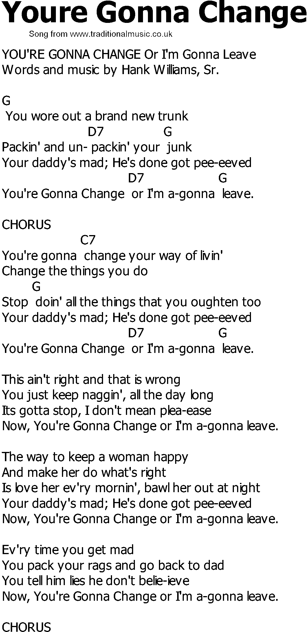 Old Country song lyrics with chords - Youre Gonna Change