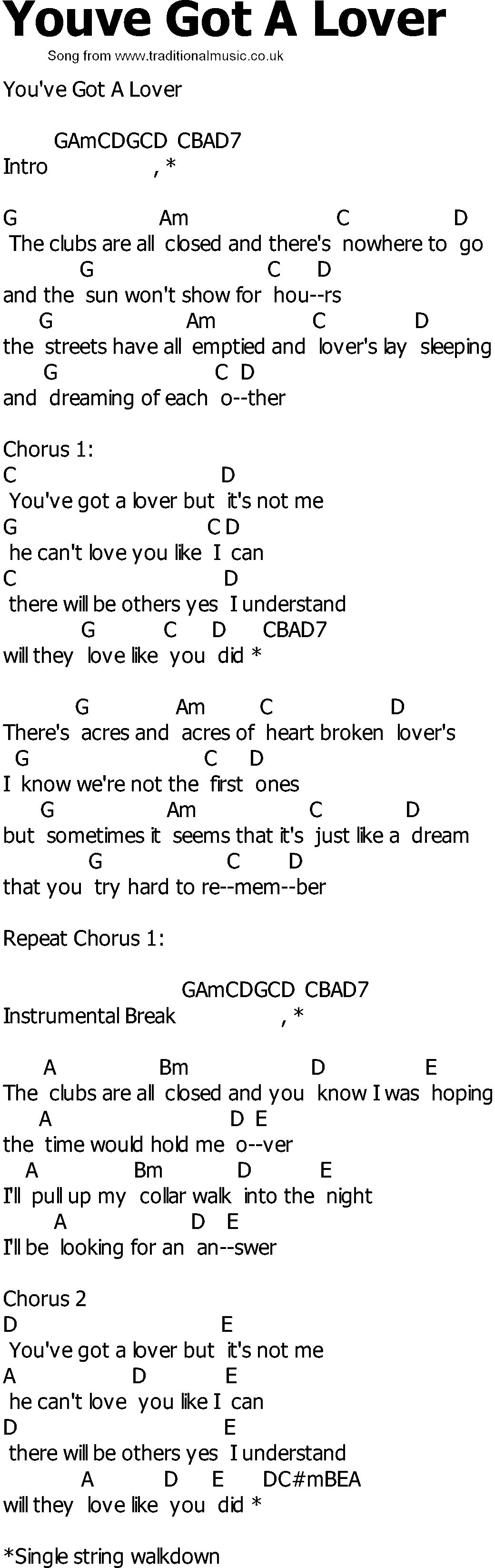 Old Country song lyrics with chords - Youve Got A Lover
