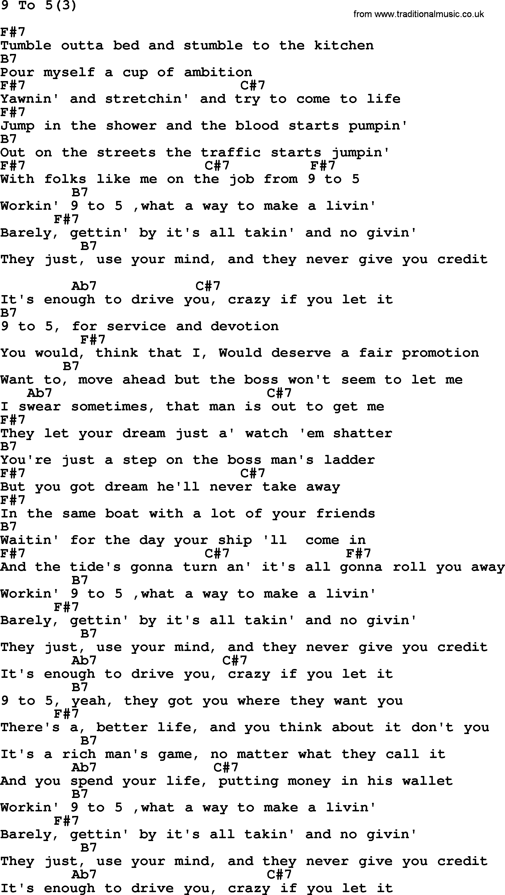 Dolly Parton song 9 To 5(3), lyrics and chords