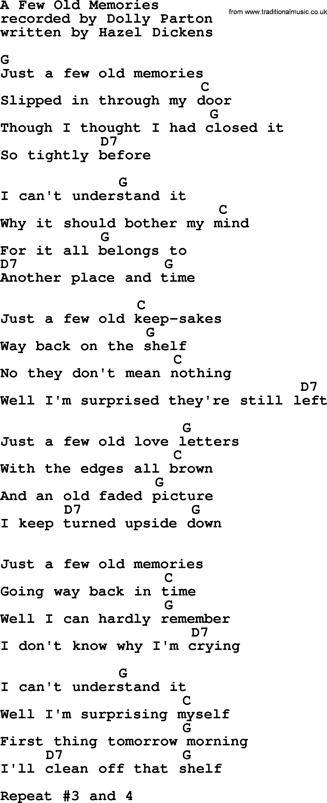 Dolly Parton song A Few Old Memories, lyrics and chords