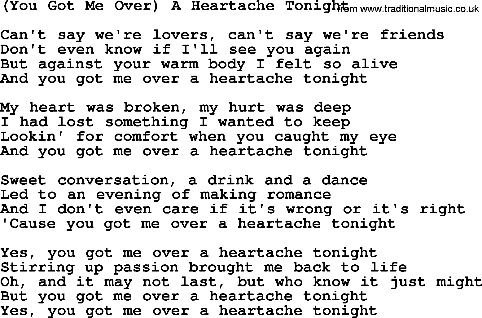 Dolly Parton song A Heartache Tonight(You Got Me Over).txt lyrics