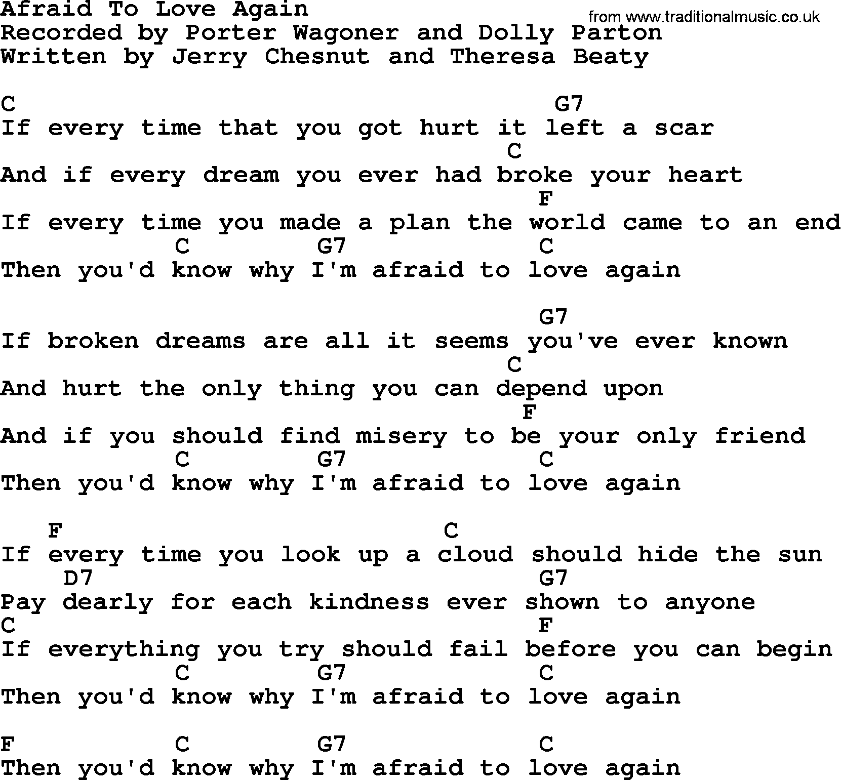 Dolly Parton song Afraid To Love Again, lyrics and chords
