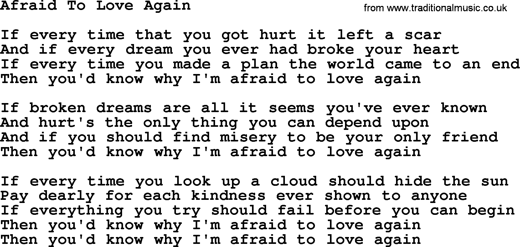 Dolly Parton song Afraid To Love Again.txt lyrics