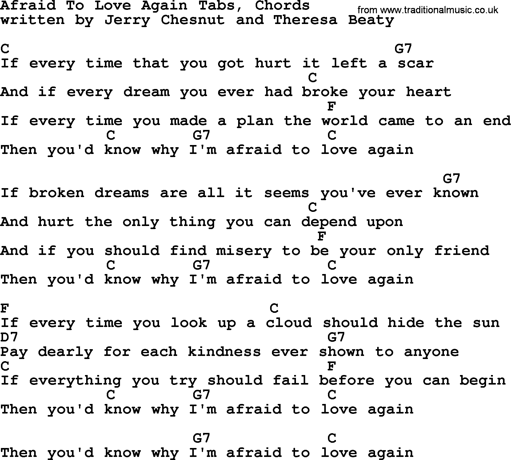 Dolly Parton song Afraid To Love Again Tabs, Chords and lyrics