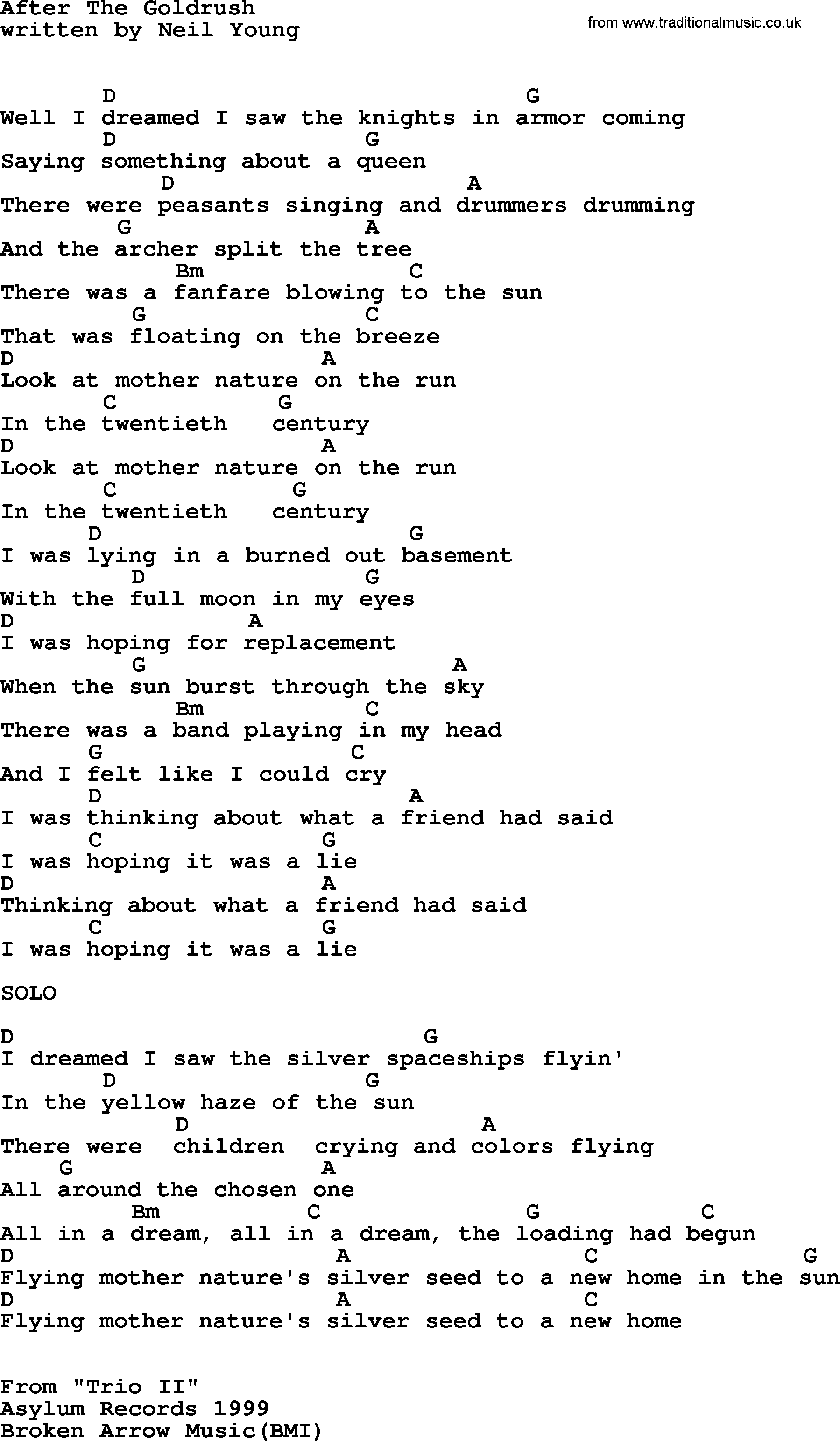 Dolly Parton song After The Goldrush, lyrics and chords