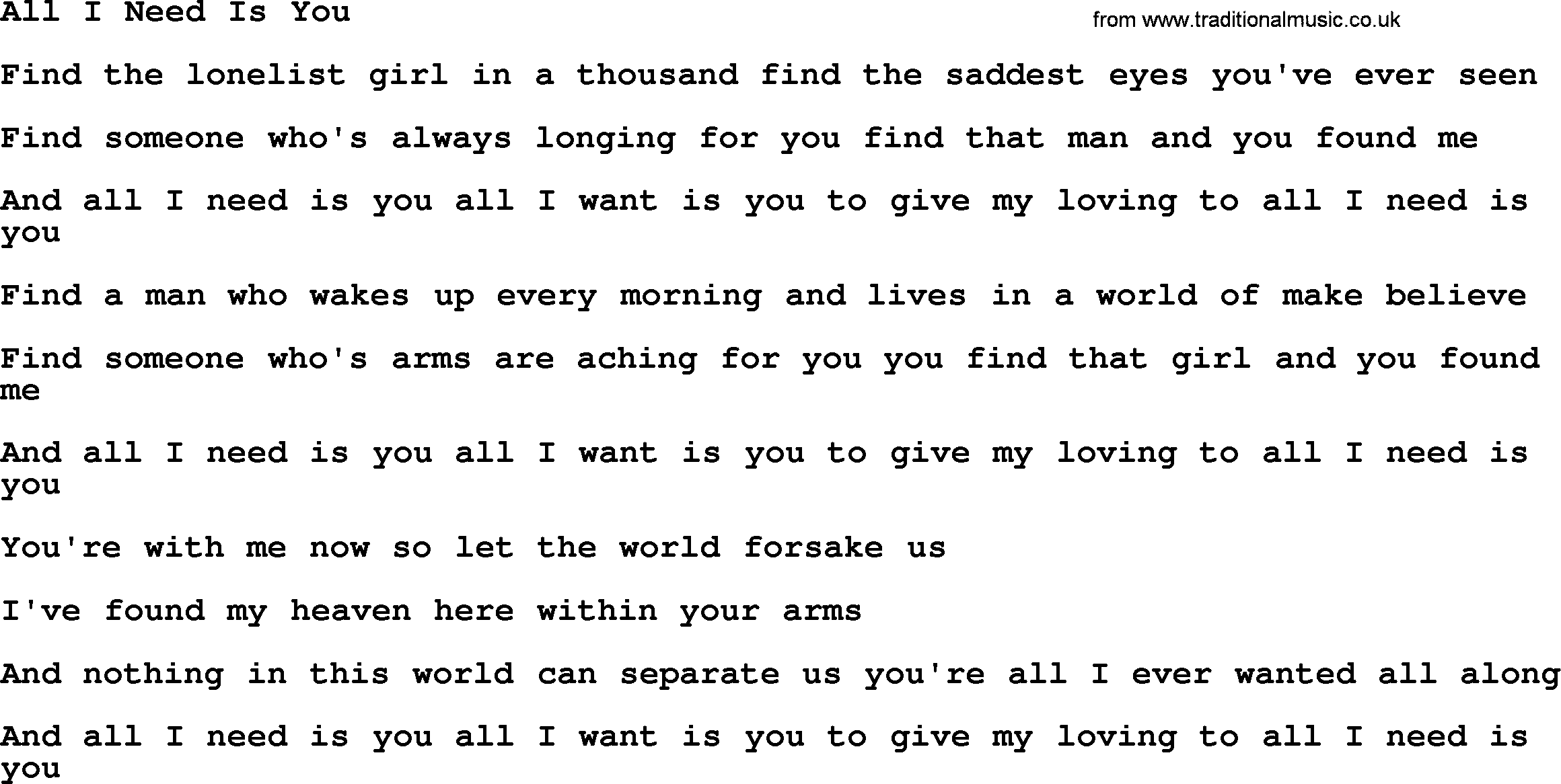Dolly Parton song All I Need Is You.txt lyrics