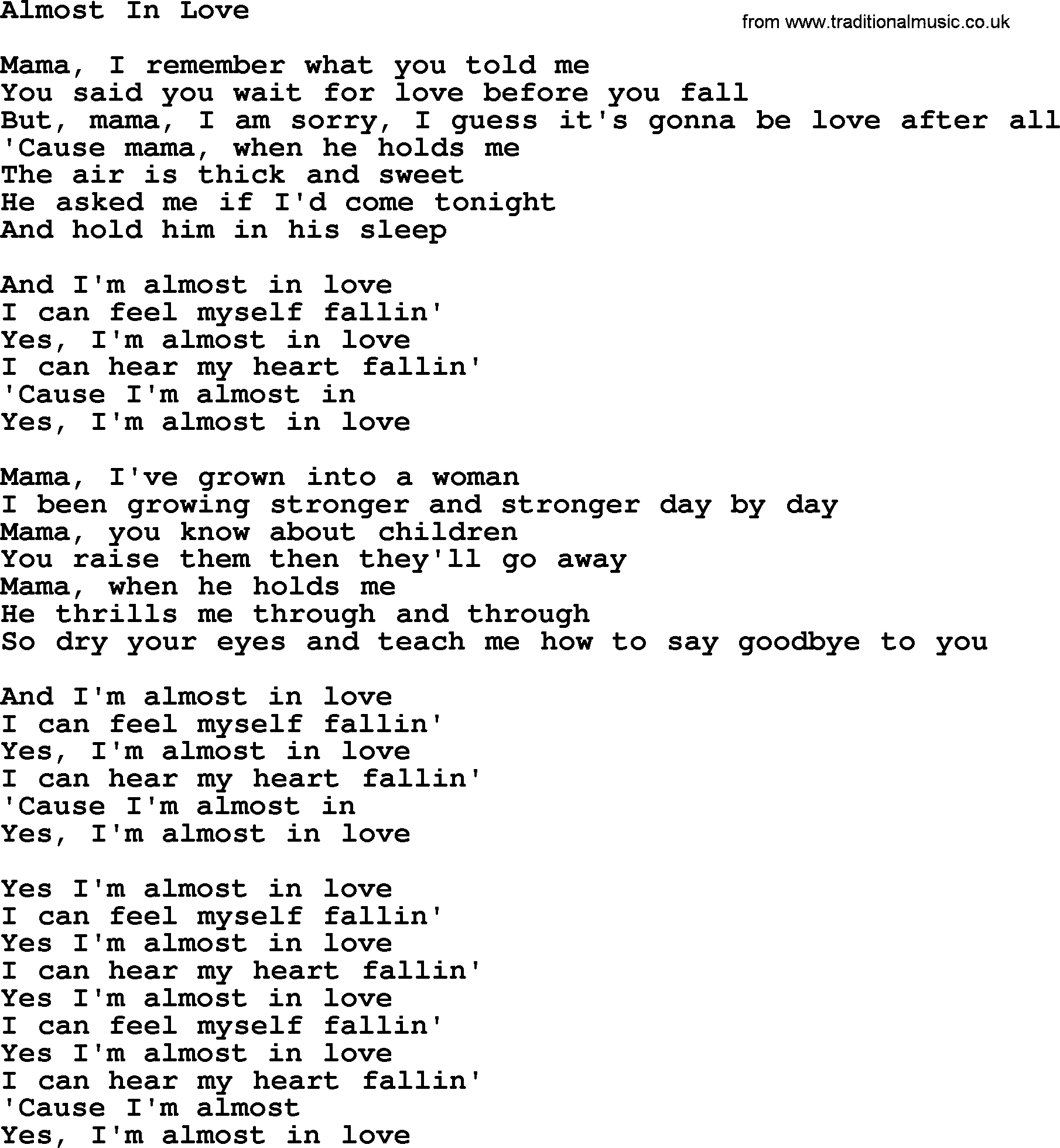 Dolly Parton song Almost In Love.txt lyrics