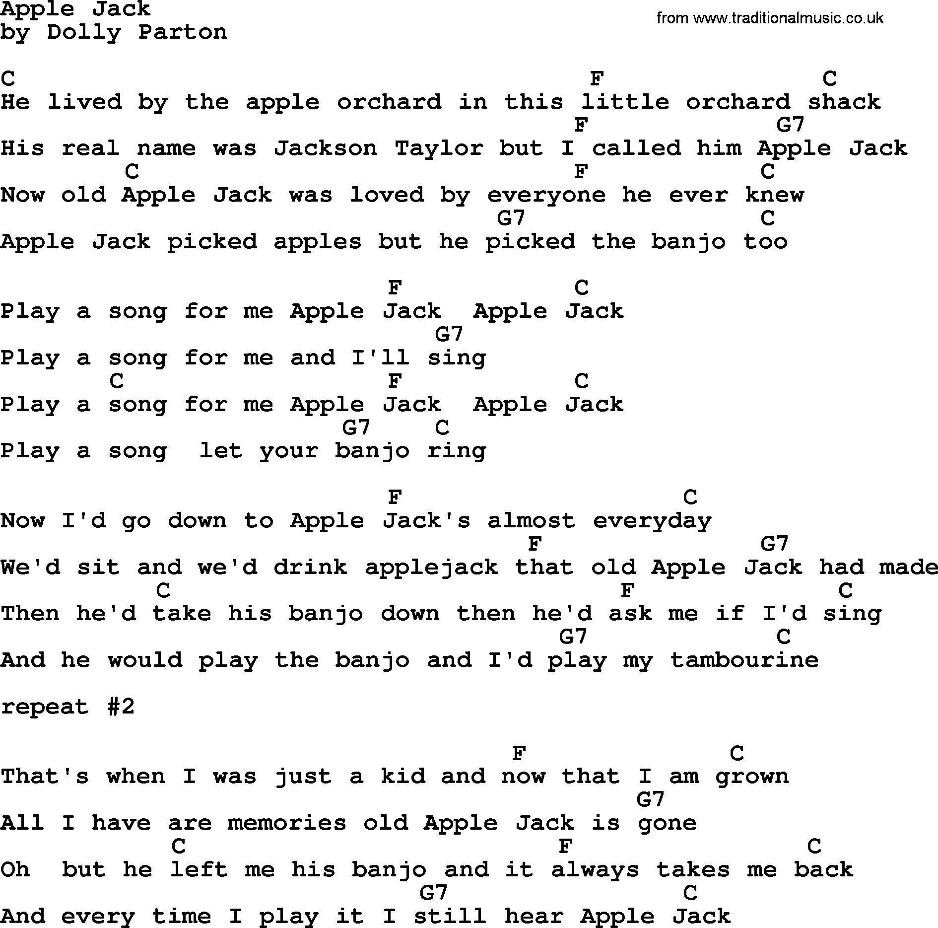 Dolly Parton song Apple Jack, lyrics and chords
