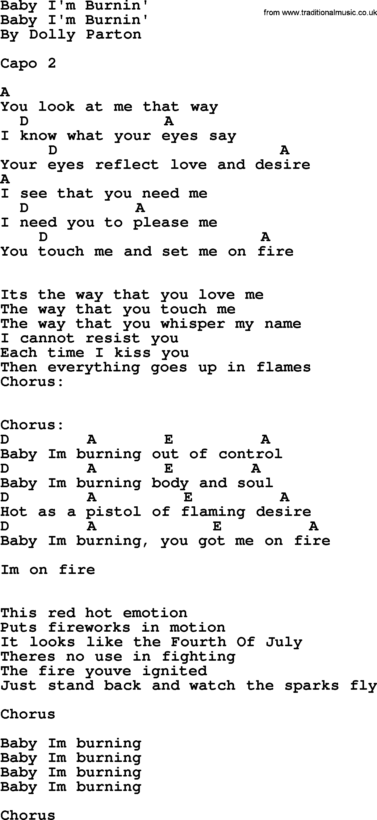 Dolly Parton song Baby I'm Burnin', lyrics and chords