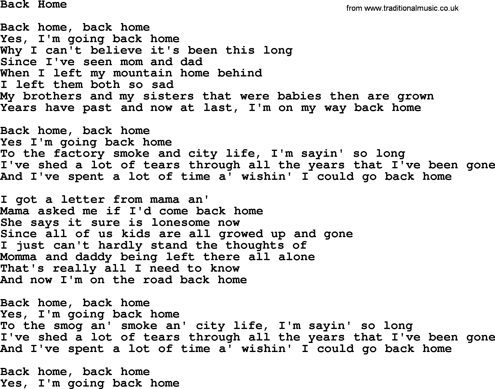 Dolly Parton song Back Home.txt lyrics