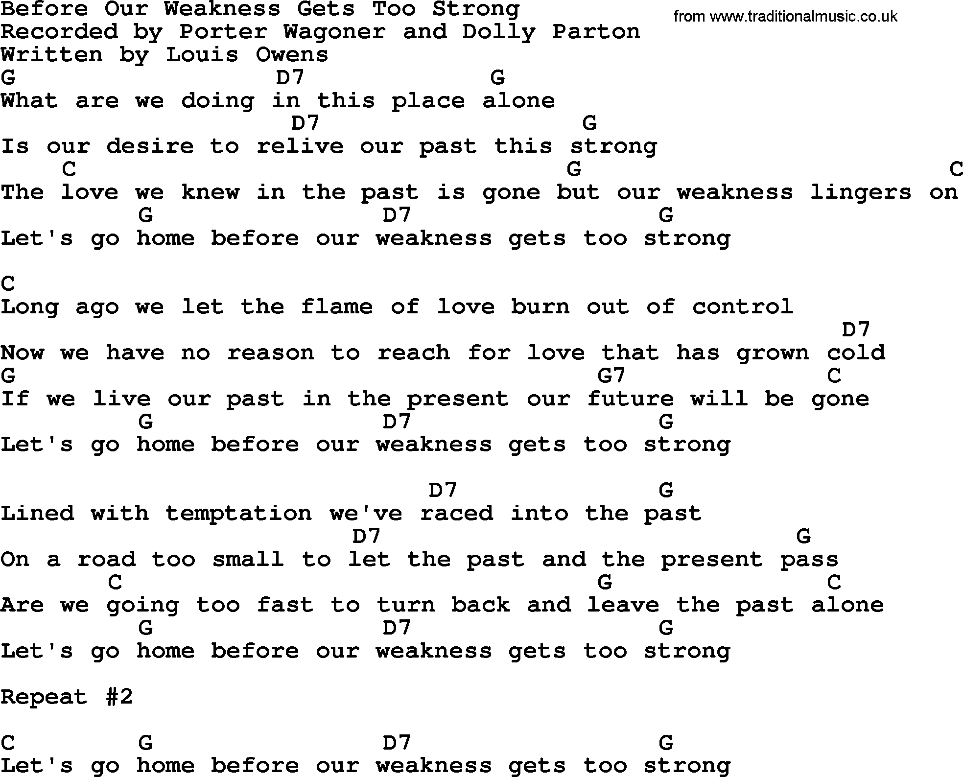 Dolly Parton song Before Our Weakness Gets Too Strong, lyrics and chords