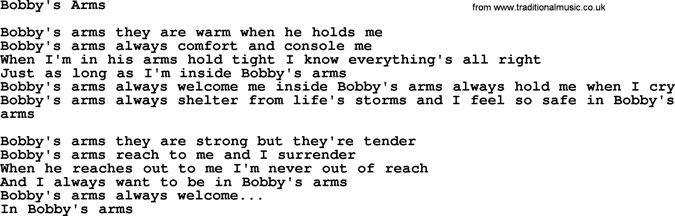 Dolly Parton song Bobby's Arms.txt lyrics