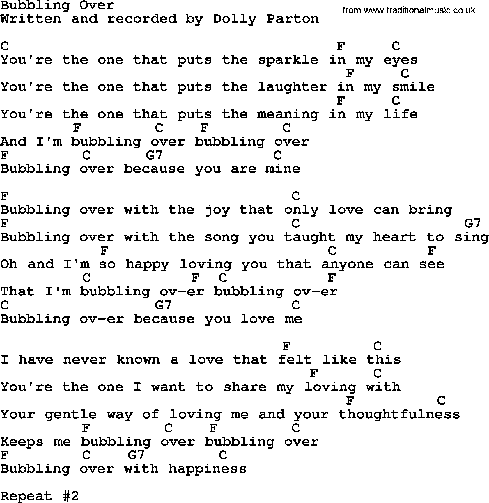 Dolly Parton song Bubbling Over, lyrics and chords