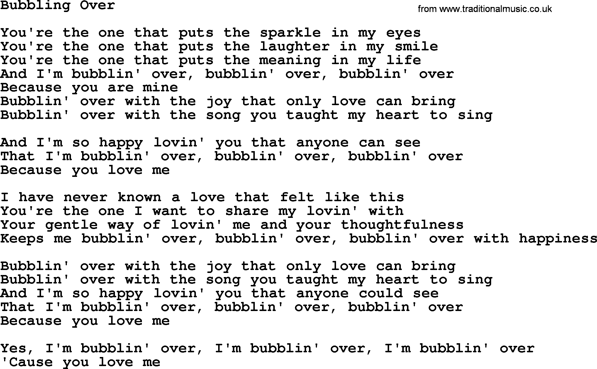 Dolly Parton song Bubbling Over.txt lyrics