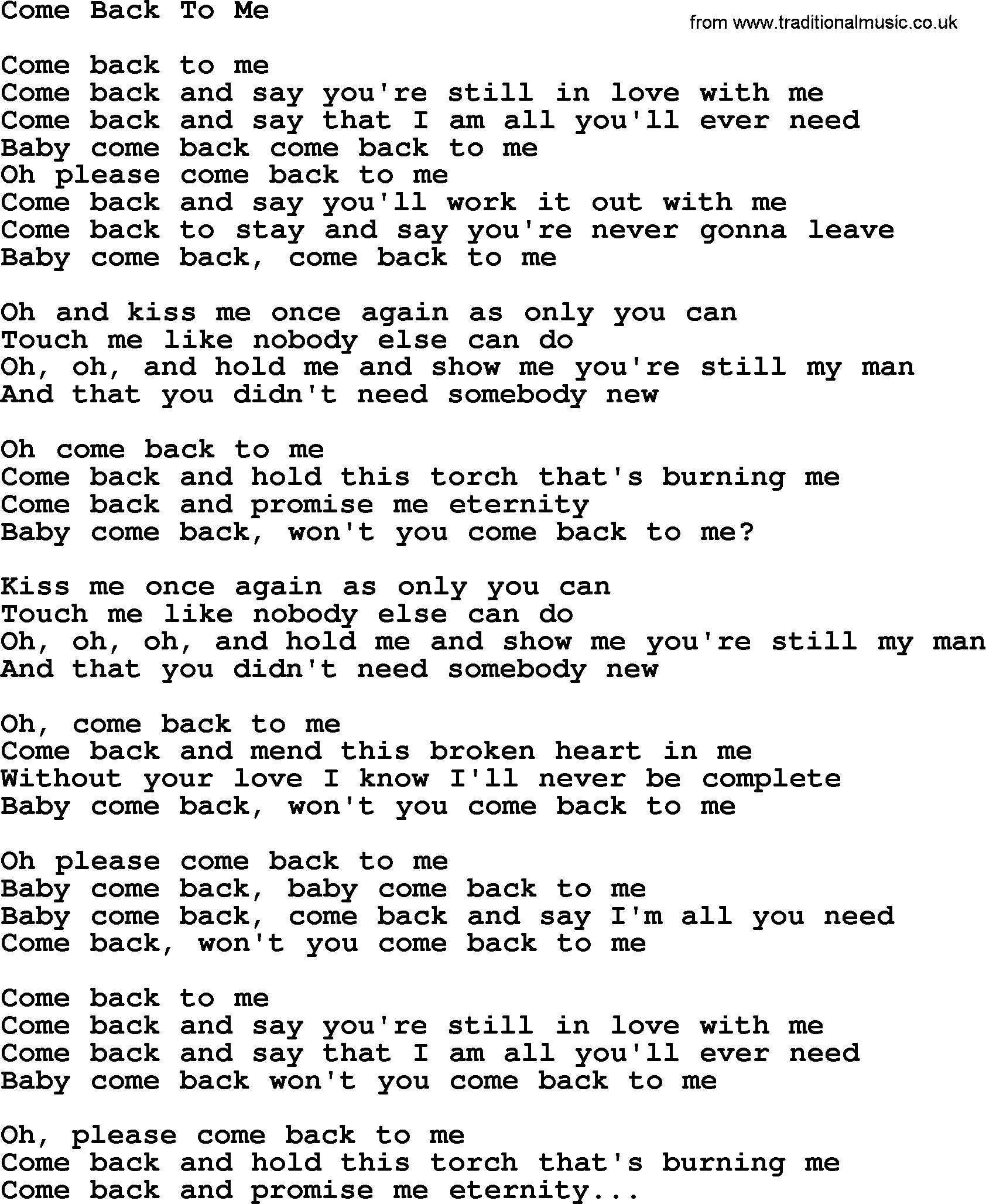 Dolly Parton song Come Back To Me.txt lyrics