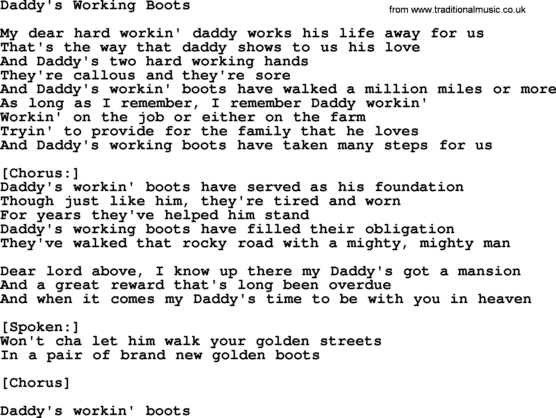 Dolly Parton song Daddy's Working Boots.txt lyrics