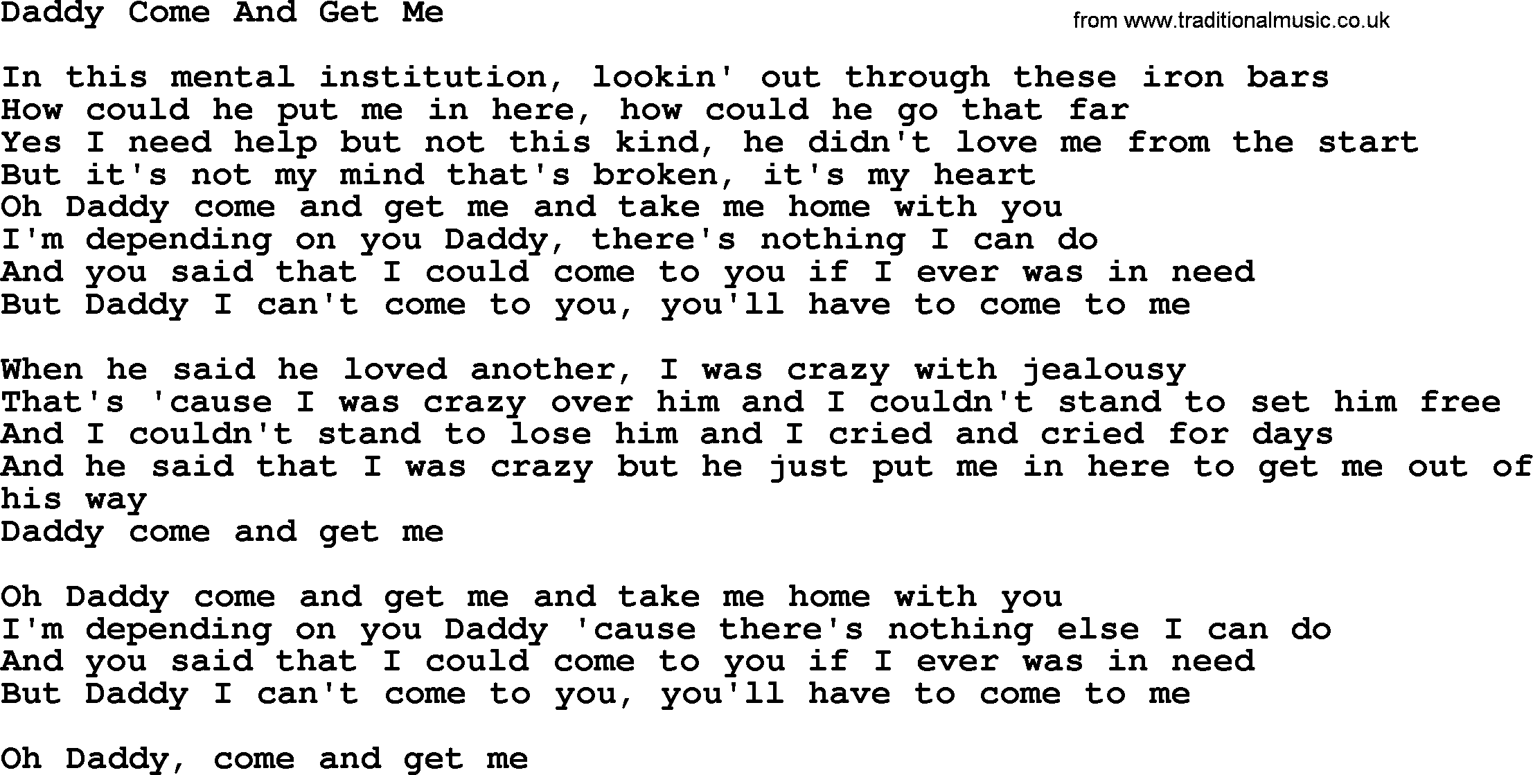 Dolly Parton song Daddy Come And Get Me.txt lyrics