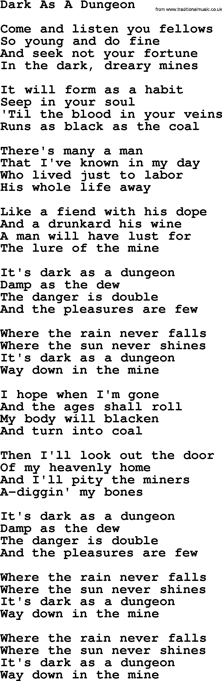 Dolly Parton song Dark As A Dungeon.txt lyrics
