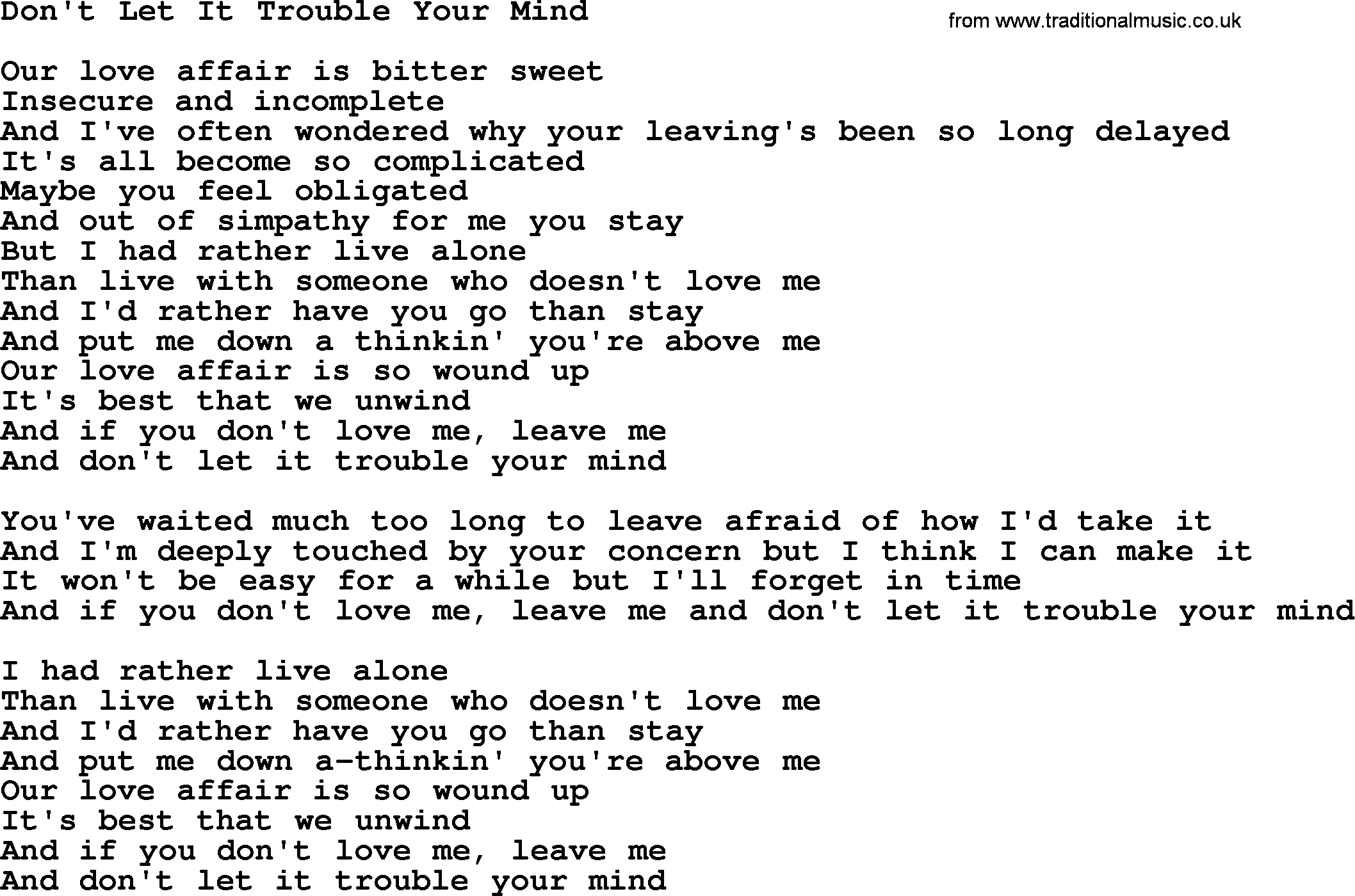 Dolly Parton song Don't Let It Trouble Your Mind.txt lyrics