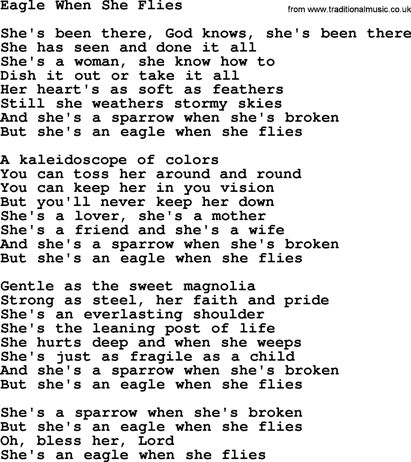 Dolly Parton song Eagle When She Flies.txt lyrics