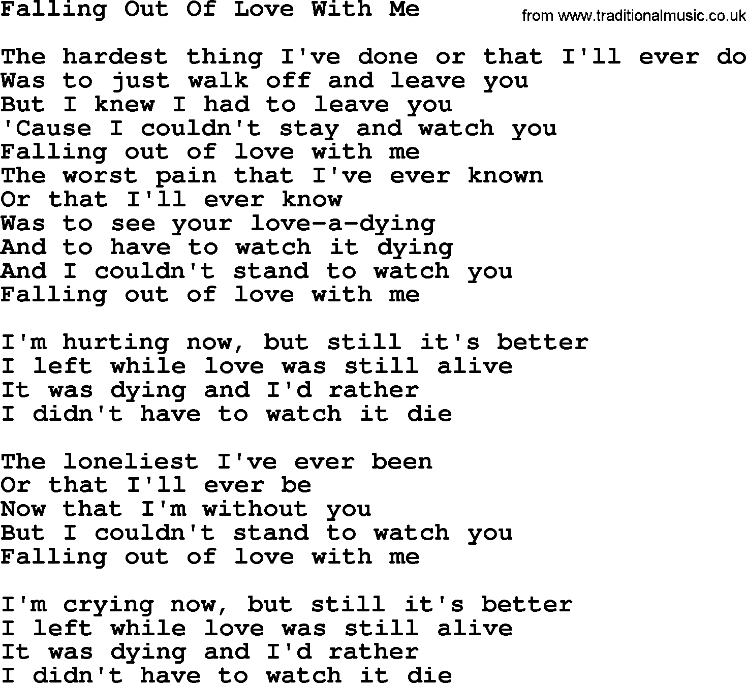 Dolly Parton song Falling Out Of Love With Me.txt lyrics