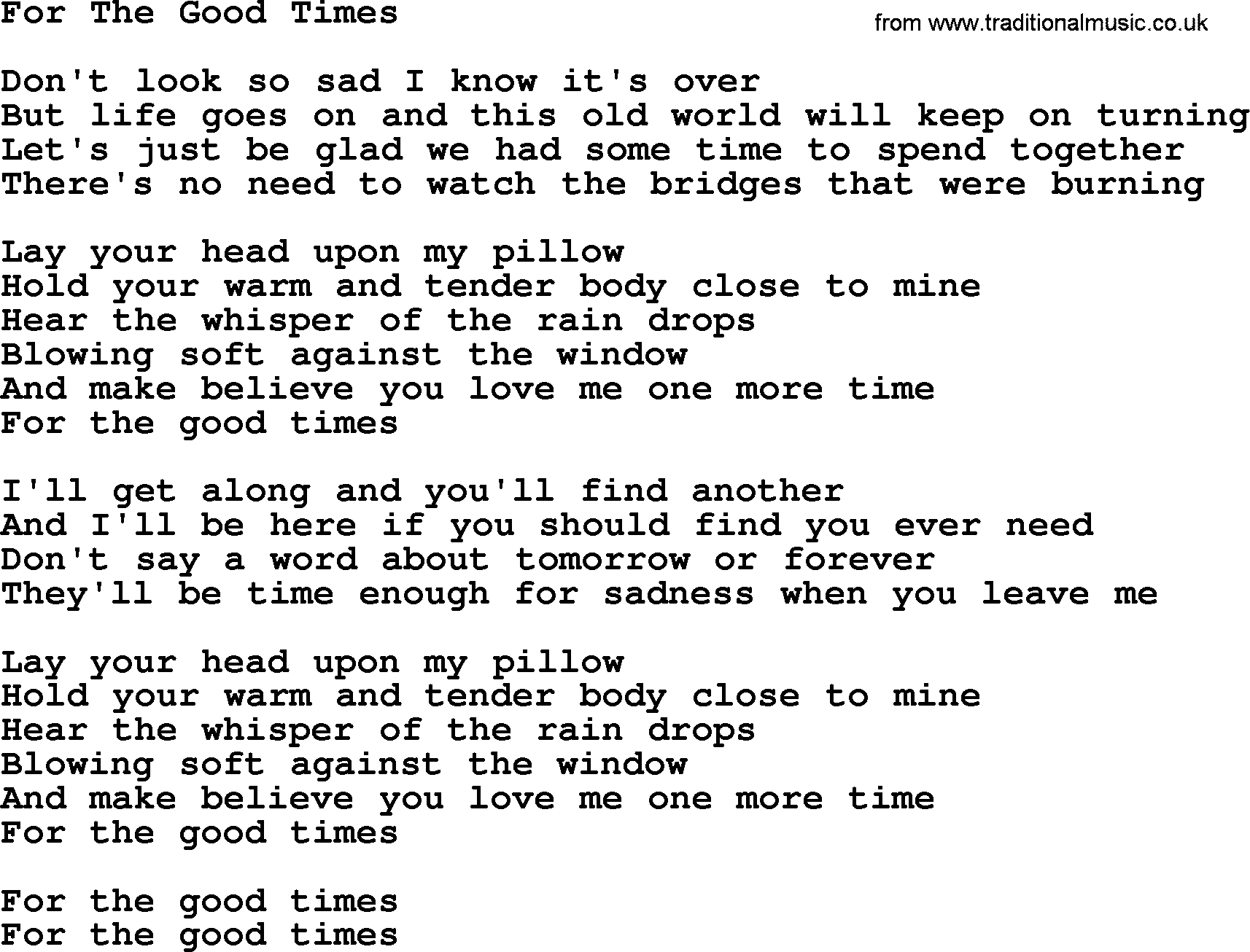 Dolly Parton song For The Good Times.txt lyrics