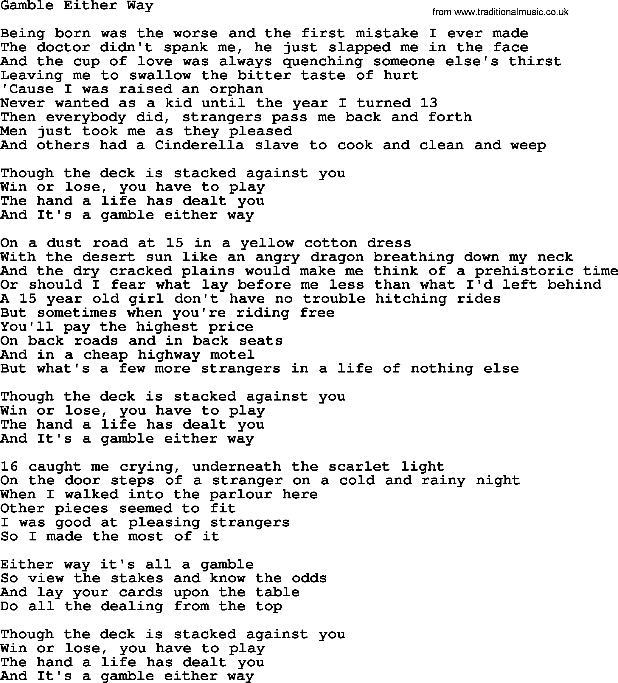 Dolly Parton song Gamble Either Way.txt lyrics