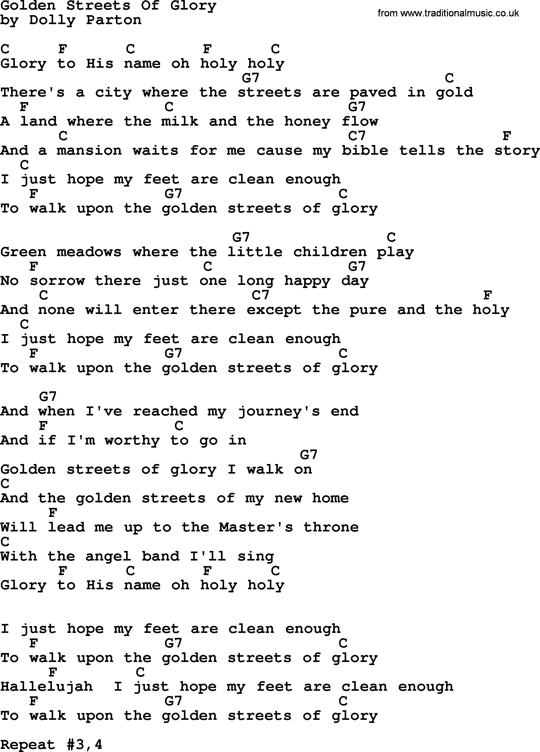 Dolly Parton song Golden Streets Of Glory, lyrics and chords