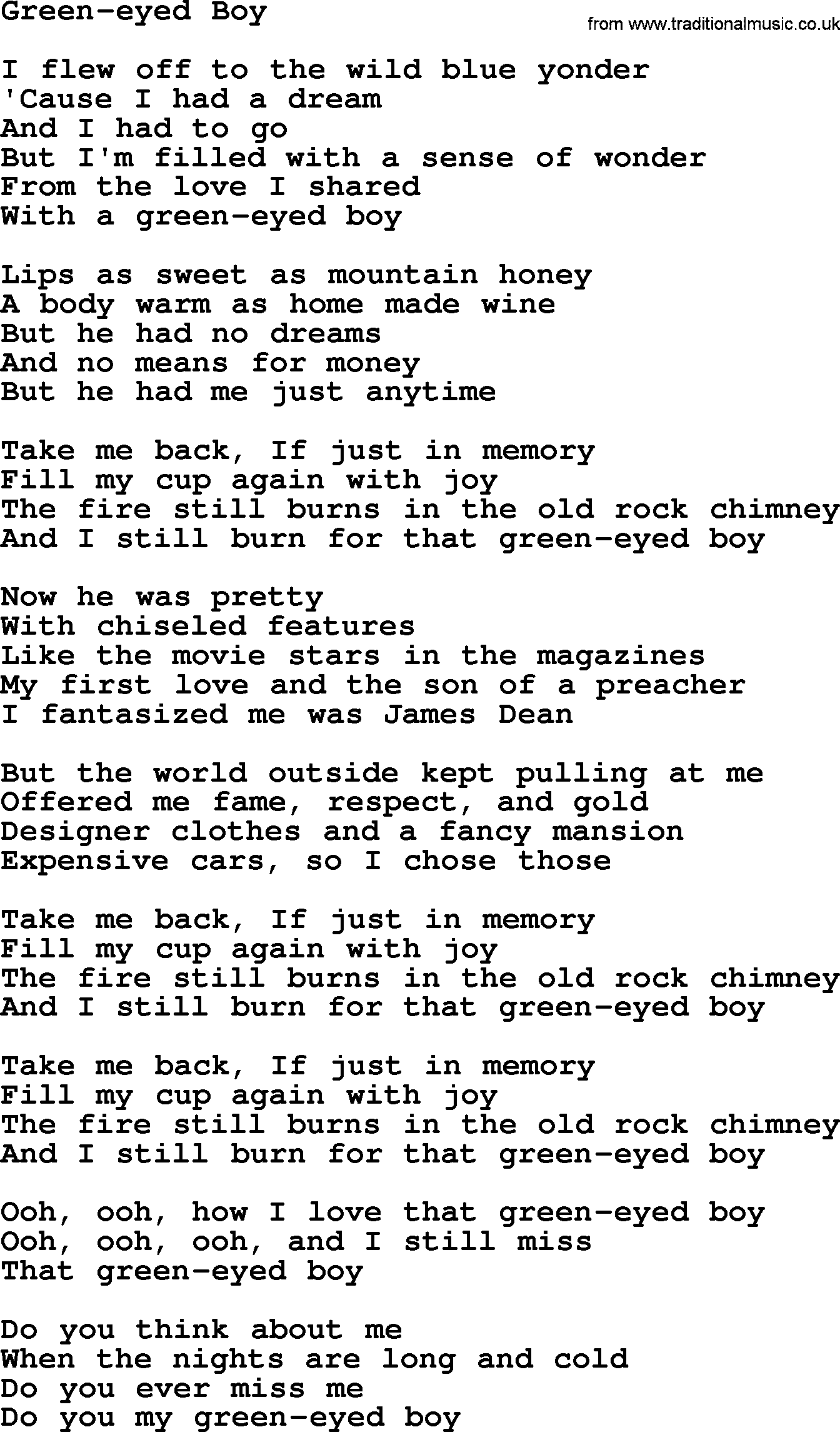 Dolly Parton song Green-eyed Boy.txt lyrics