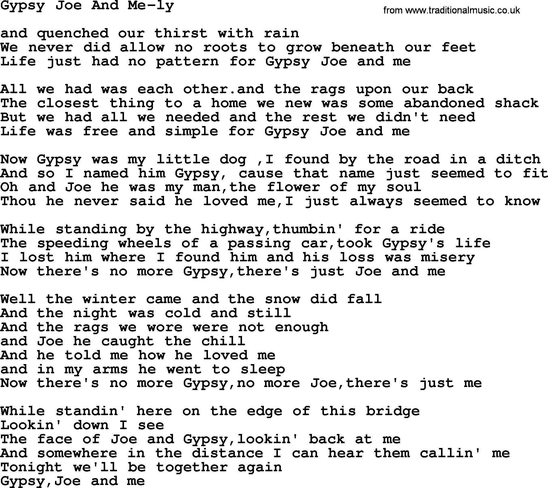 Dolly Parton song Gypsy Joe And Me-ly.txt lyrics