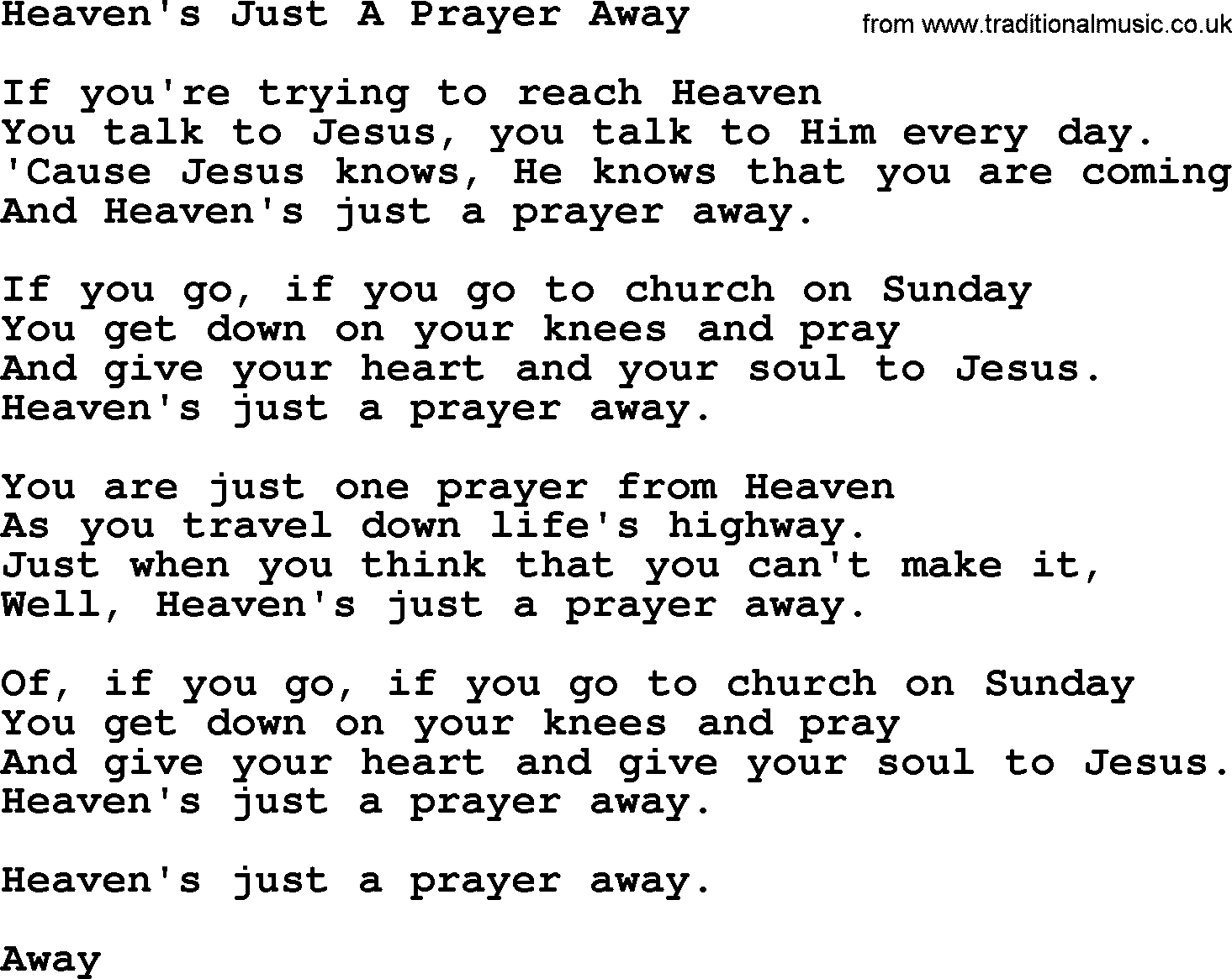 Dolly Parton song Heaven's Just A Prayer Away.txt lyrics