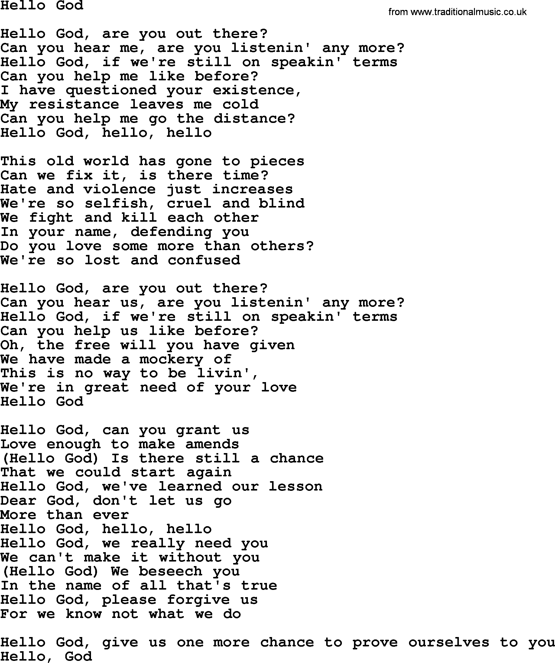 Dolly Parton song Hello God.txt lyrics
