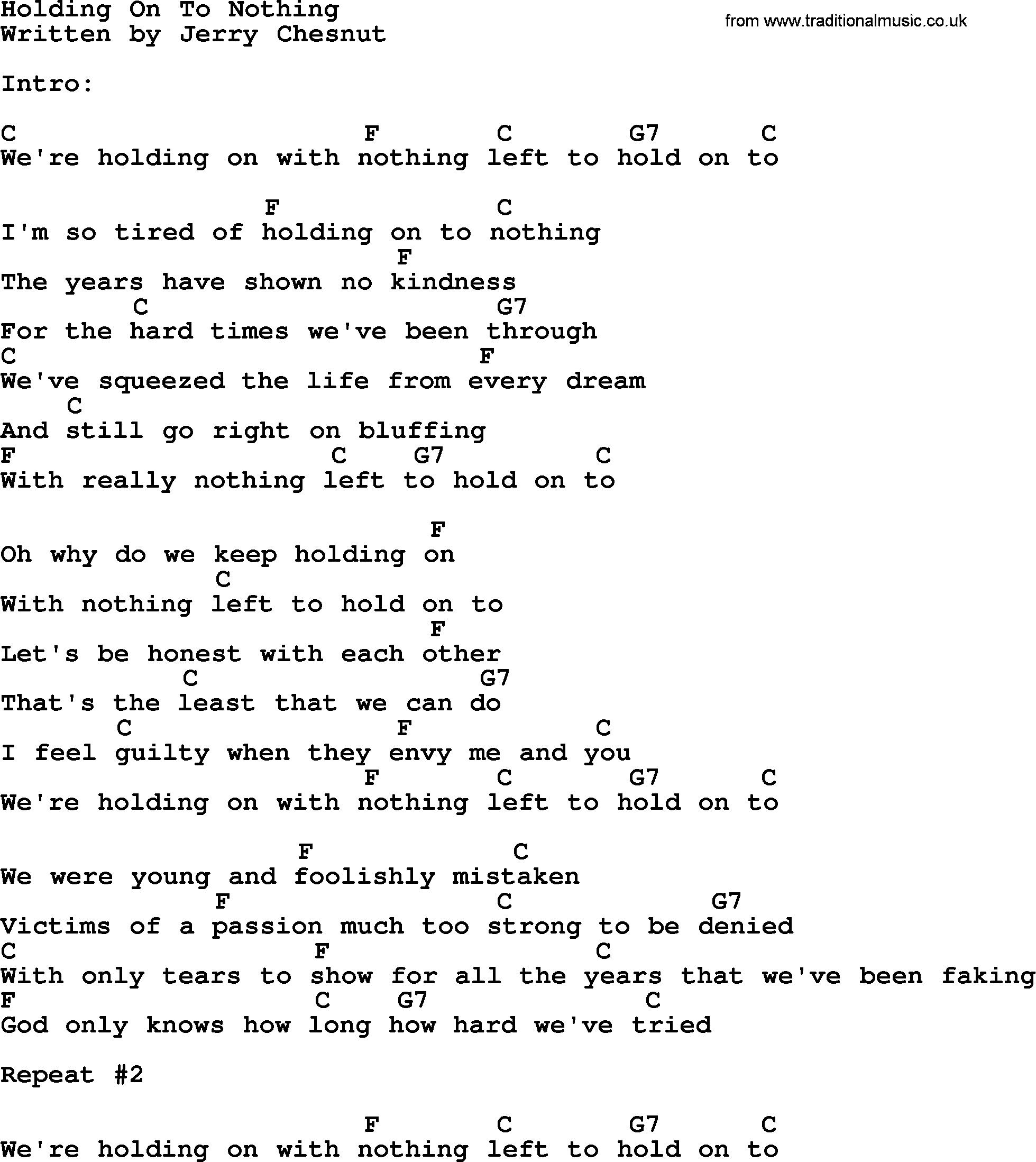 Dolly Parton song Holding On To Nothing, lyrics and chords