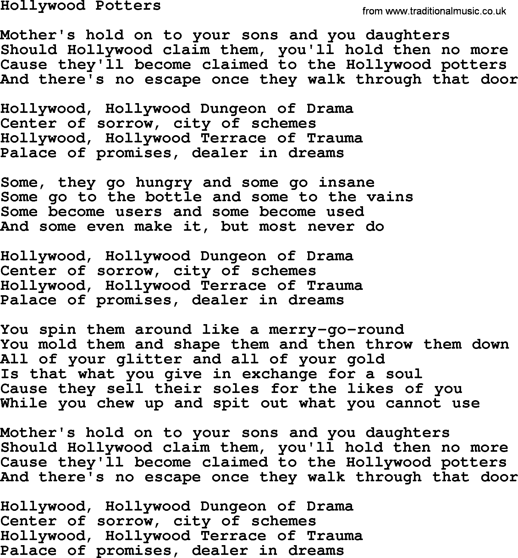 Dolly Parton song Hollywood Potters.txt lyrics