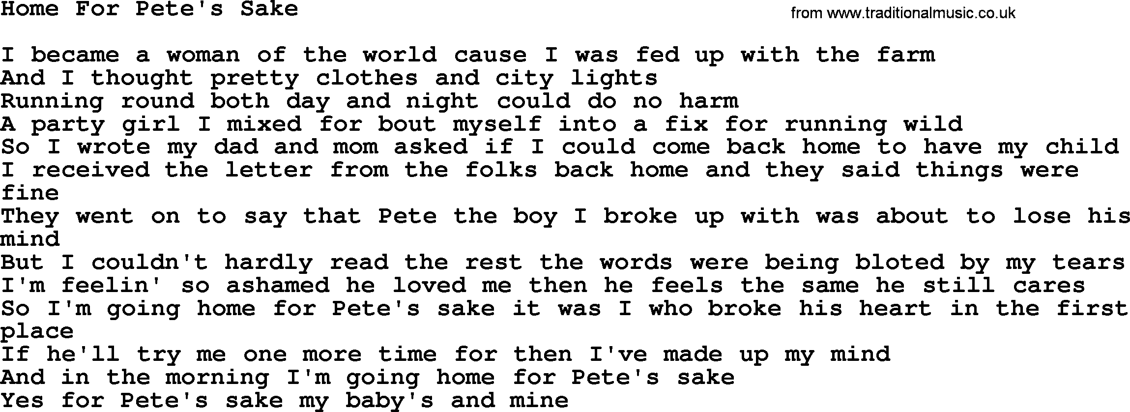 Dolly Parton song Home For Pete's Sake.txt lyrics