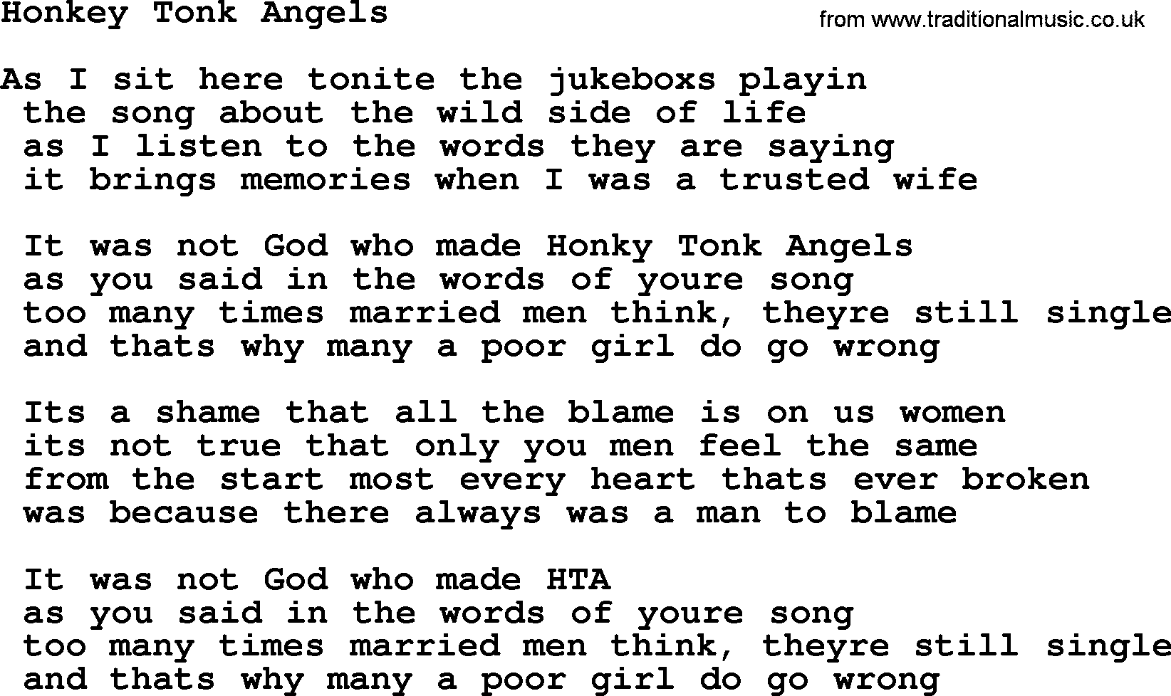Dolly Parton song Honkey Tonk Angels.txt lyrics