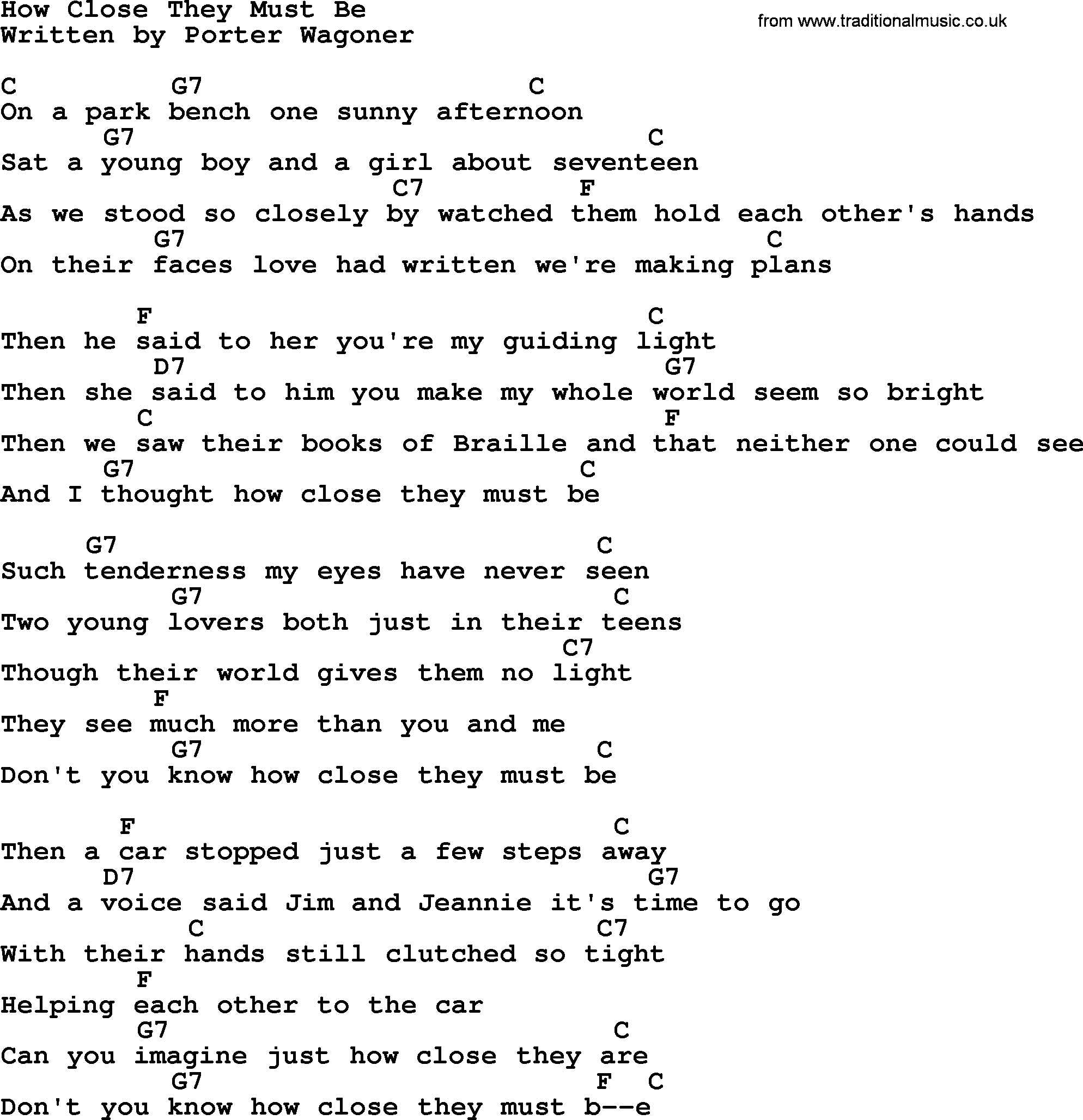 Dolly Parton song How Close They Must Be, lyrics and chords