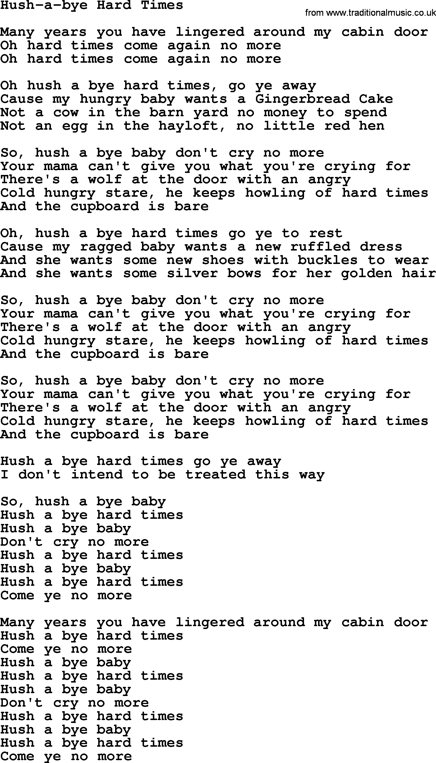 Dolly Parton song Hush-a-bye Hard Times.txt lyrics