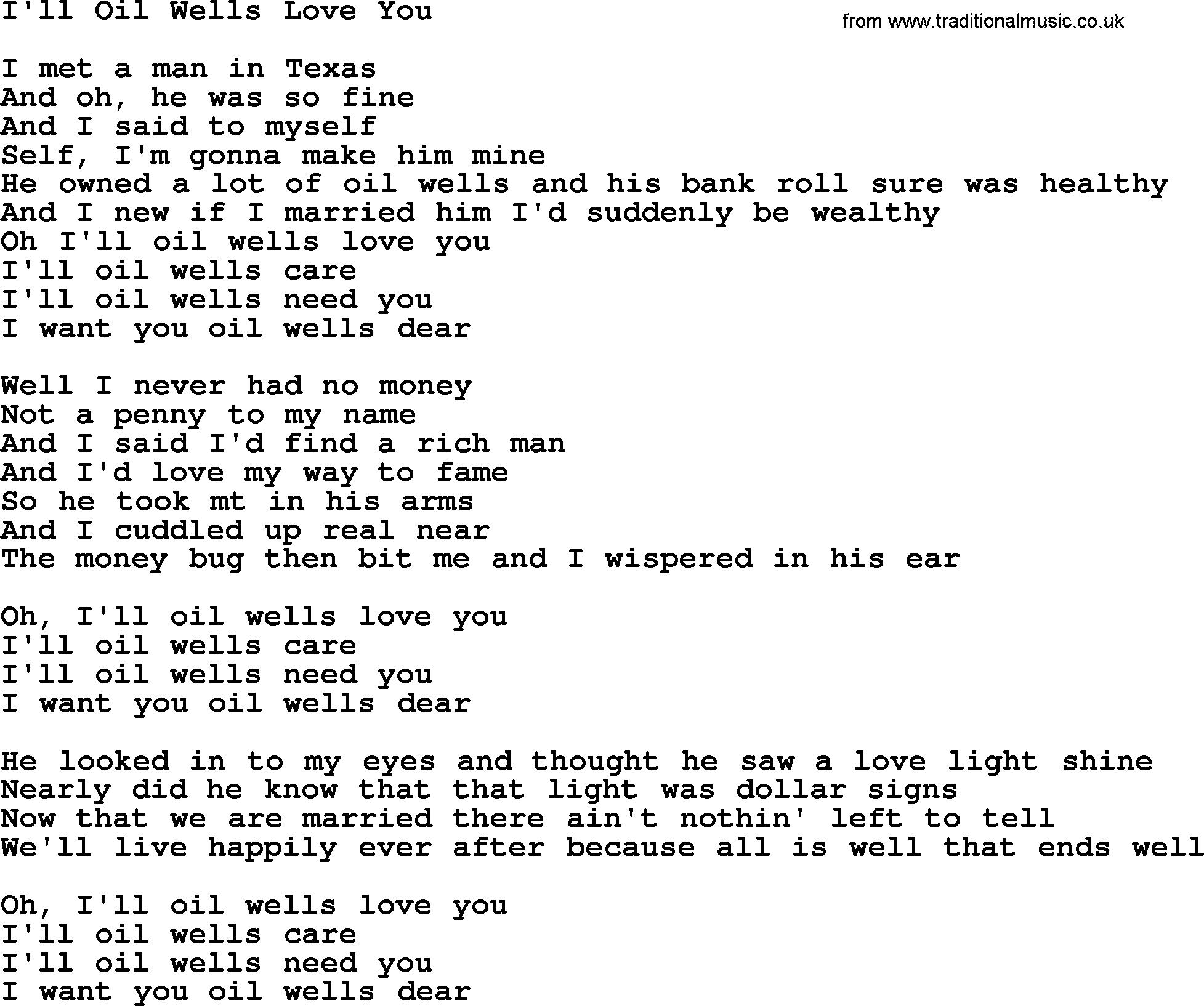 Dolly Parton song I'll Oil Wells Love You.txt lyrics