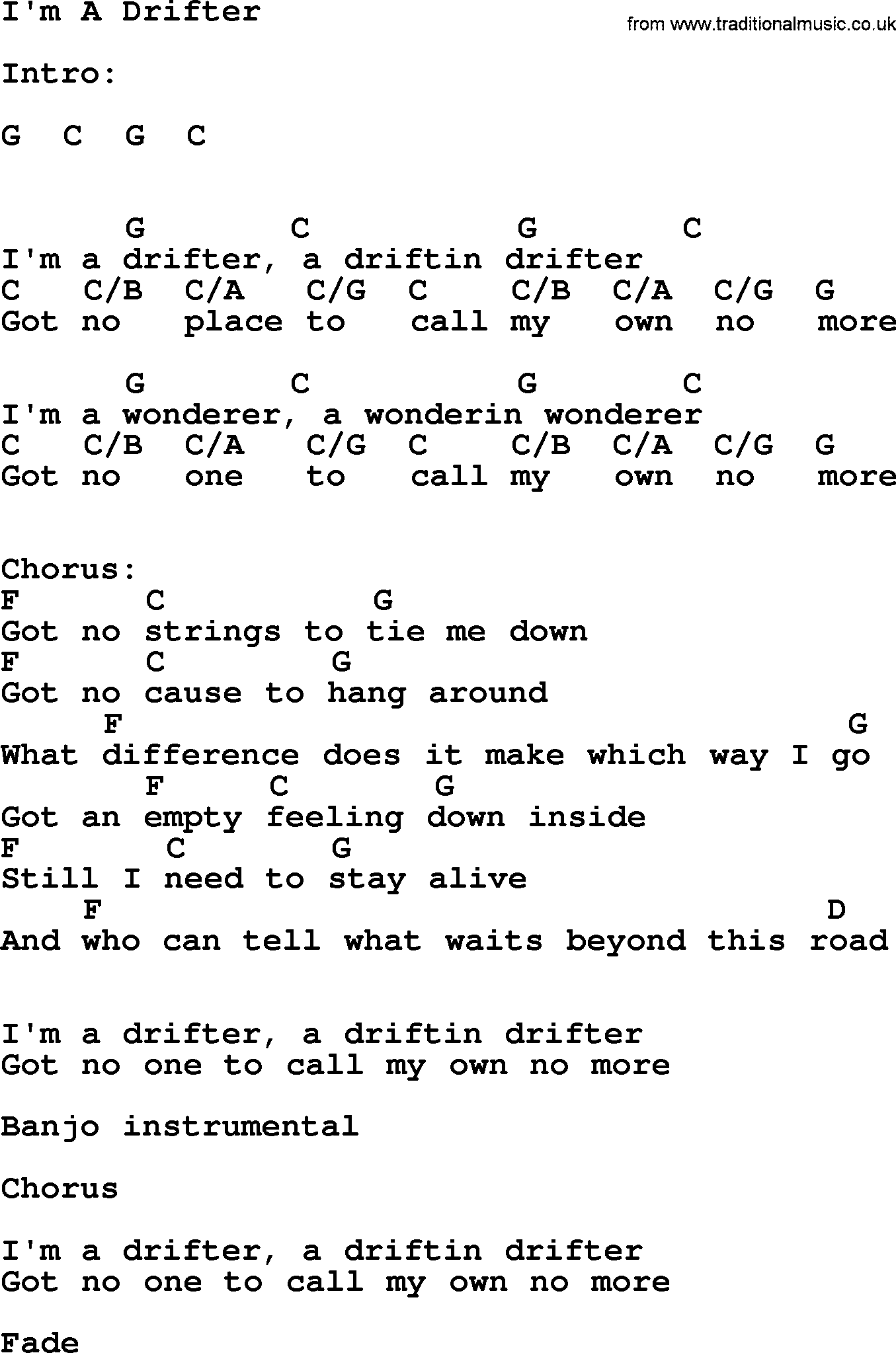 Dolly Parton song I'm A Drifter, lyrics and chords