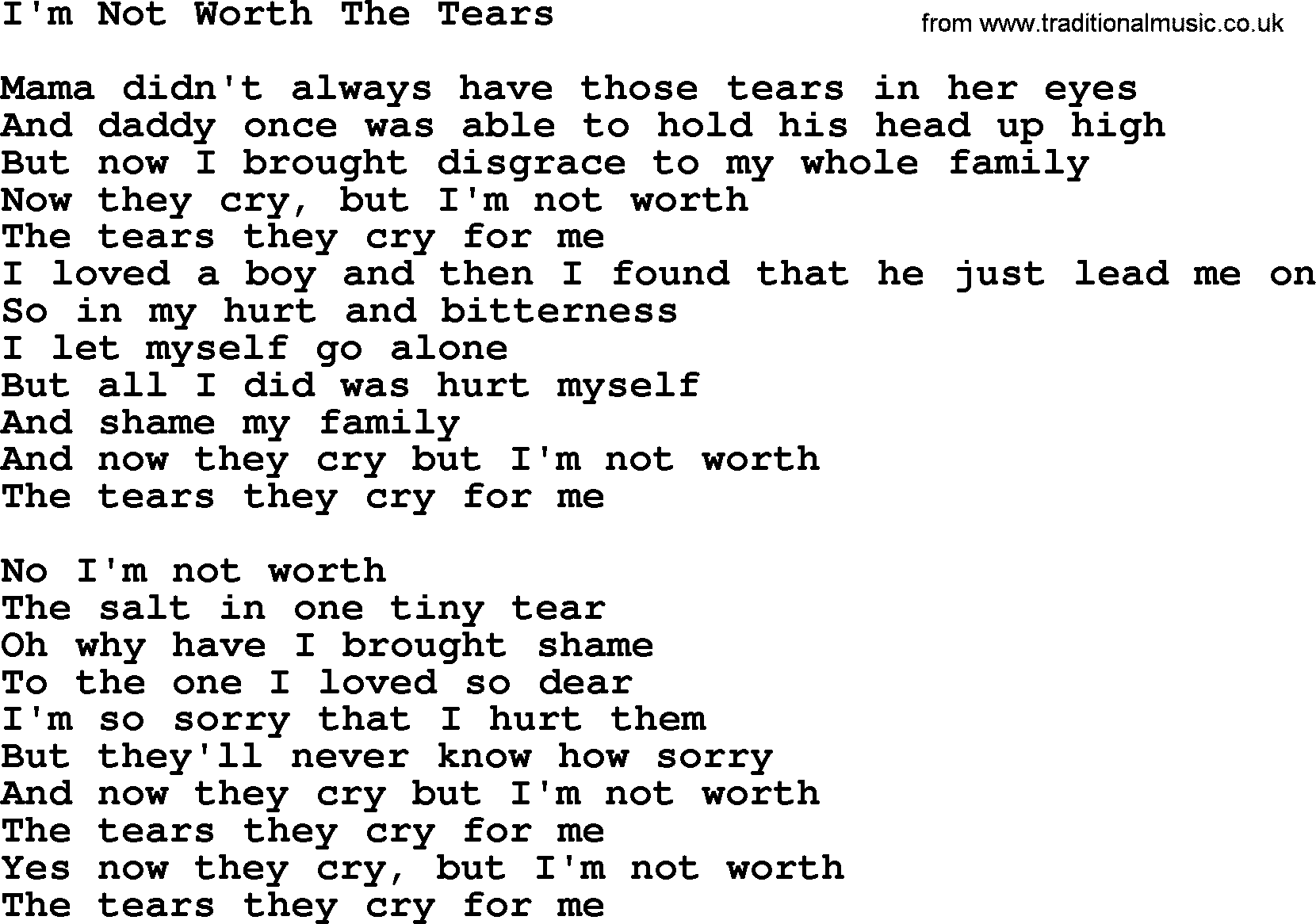 Dolly Parton song I'm Not Worth The Tears.txt lyrics