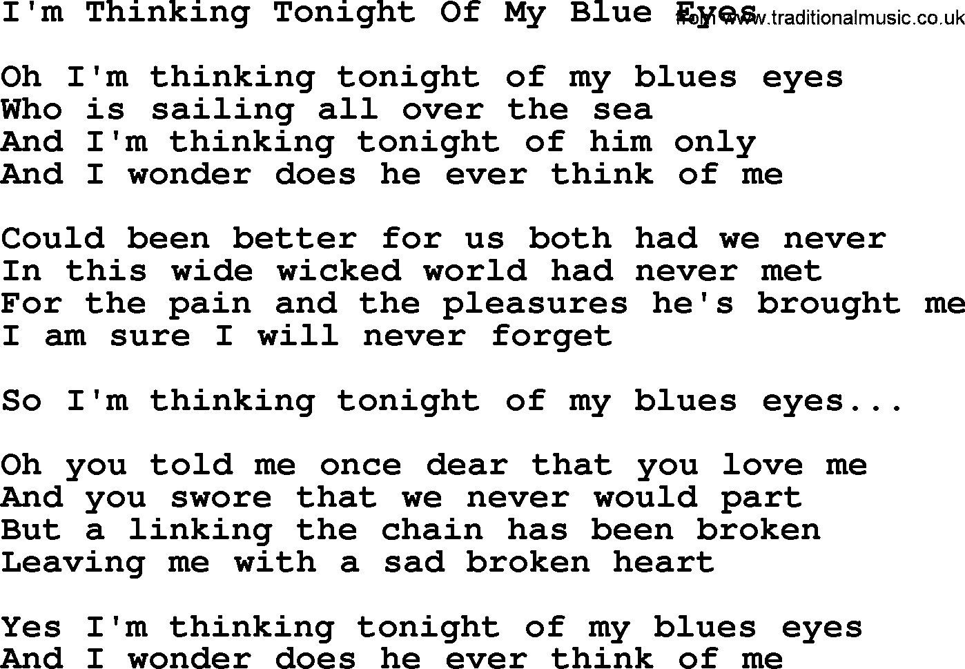 Dolly Parton song I'm Thinking Tonight Of My Blue Eyes.txt lyrics