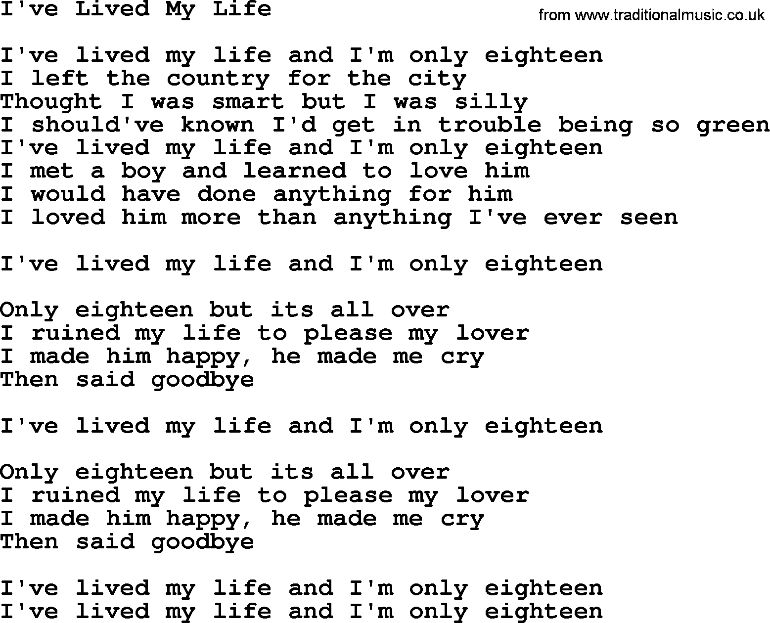 Dolly Parton song I've Lived My Life.txt lyrics